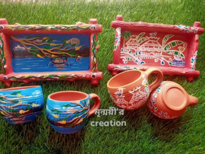 INDIAN TERRACOTTA HAND PRINTED CUP WITH TRAY FOR HOME AND KITCHEN
